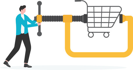 A businessman lies about finances while talking about a piggy bank, but his thoughts are on a shopping cart, illustrating deception in financial communication

