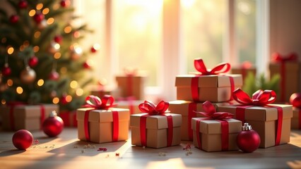 Festively Wrapped Christmas Presents Arranged Near a Decorated Tree in a Cozy Living Room During the Holiday Season