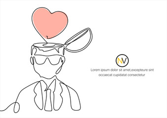 Continuous one line drawing of human head with a hearts. Vector illustration. Concept of mental disorder, finding solution, chaotic thinking process, confused mind.