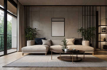 Fototapeta premium Minimalist, japandi style interior design of modern living room