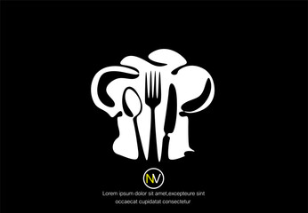 drawing of fork, spoon and chef hat or cap . Menu food design. Illustration with quote template. Can used for menu restaurant sketch