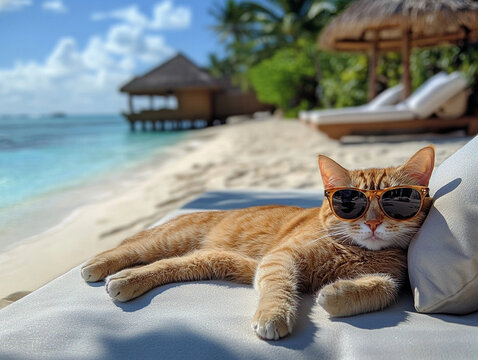 Entspanntes Katzenleben am Strand mit Sonnenbrille

