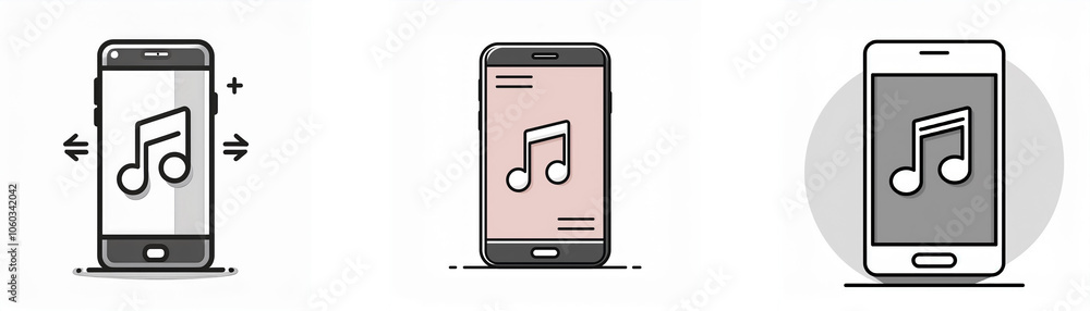 Poster three illustrations of a smartphone with a music note icon on the screen.