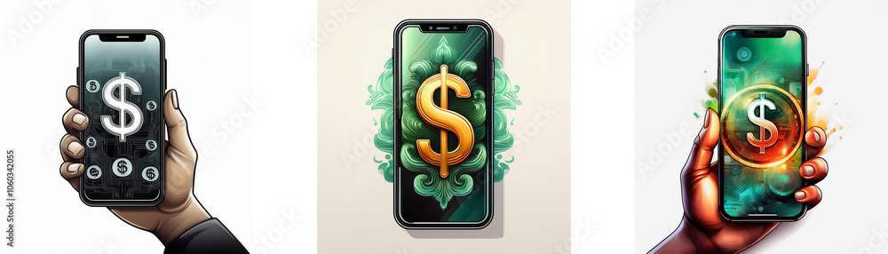 Poster three different illustrations depicting a hand holding a smartphone with a dollar sign on the screen