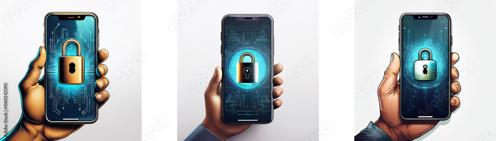 Poster three hands holding smartphones with a lock icon displayed on each screen, depicting the concept of 
