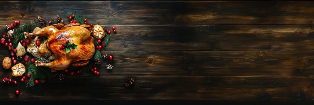 Une dinde r&ocirc;tie sur une table, vue de dessus, avec des aliments et des d&eacute;corations de No&euml;l, sur un fond de banni&egrave;re en bois fonc&eacute;, pour un menu ou une publicit&eacute; de saison des f&ecirc;tes.