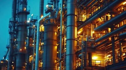 High-tech refinery, complex pipes processing fuel, modern industrial machinery at work