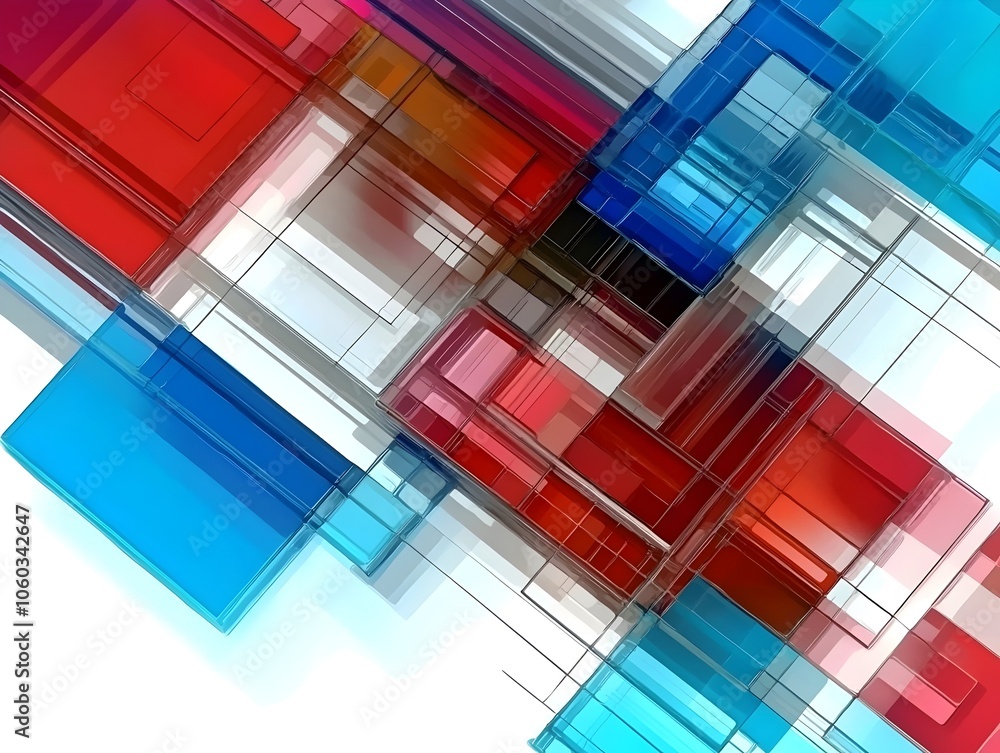 Poster an abstract composition of overlapping geometric shapes in vibrant shades of red, blue, and transpar