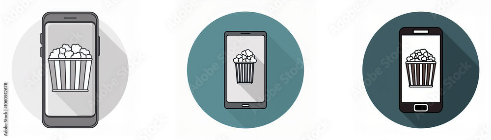 Leinwandbilder three smartphone icons with a long shadow, each displays a popcorn container on the screen.