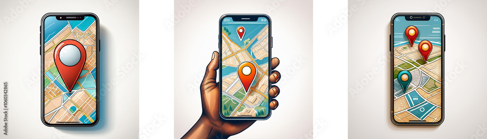 Fototapete a smartphone displaying a map app with red location pins.