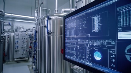 Obraz premium Gas processing facility with digital monitoring systems, showcasing a futuristic and clean industrial setup