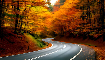 Naklejka premium Winding Autumn Road in a Colorful Forest
