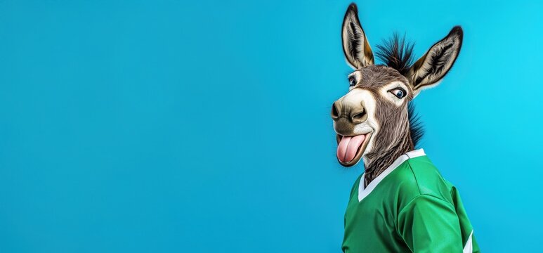 Un &acirc;ne amusant, vue de profil, portant un maillot de football vert, tirant la langue et regardant la cam&eacute;ra, isol&eacute; sur un fond bleu, image avec espace pour texte.