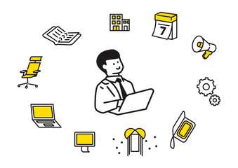 A man with a laptop and an icon set