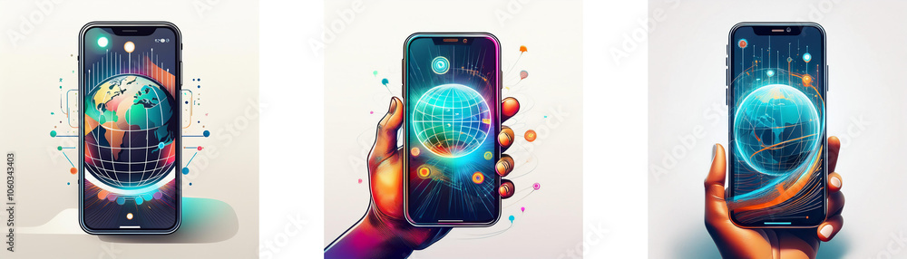 Poster three different depictions of a smartphone, each showcasing the world as a spherical icon within the
