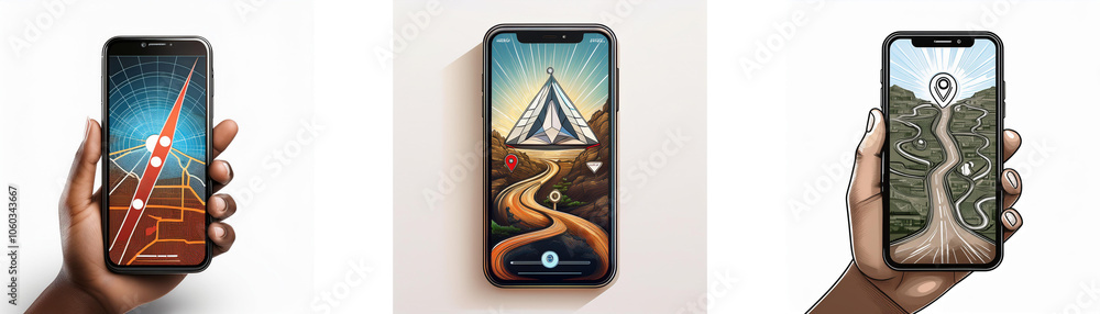 Aufkleber three hands hold smartphones displaying different backgrounds, one with a red rocket against a blue 