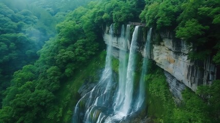Obraz premium A breathtaking waterfall tumbles down into a vibrant canyon, surrounded by dense greenery. A winding path meanders alongside the river, inviting exploration amid nature's tranquil beauty.