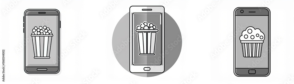 Poster three different mobile phone screens display a bucket of popcorn on the first and third phone, and a