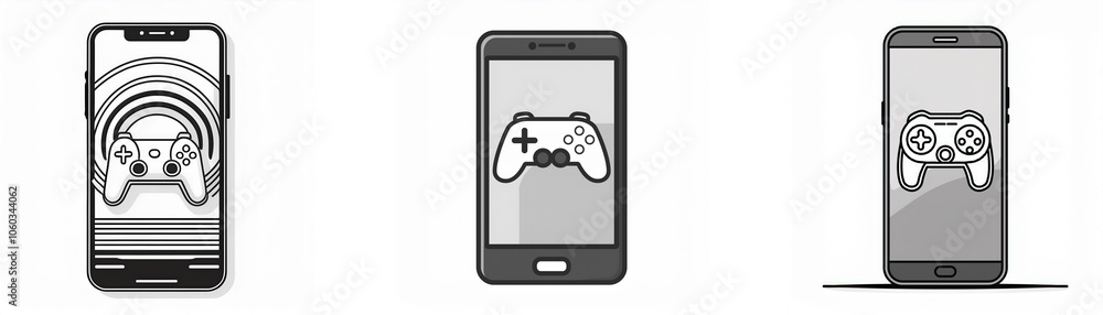 Leinwandbilder Three illustrations of smartphones with a video game controller displayed on the screen.