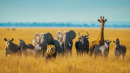 Group of safari African animals elephants, rhino, buffalo, giraffe, lion, elephant, leopard, hyena, zebra, wildebeest and others stand together in savanna grassland with background