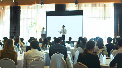 a wide-angle shot of a conference room filled with professionals seated at round tables, listening attentively to a speaker presenting on a large screen highlighted by white, png