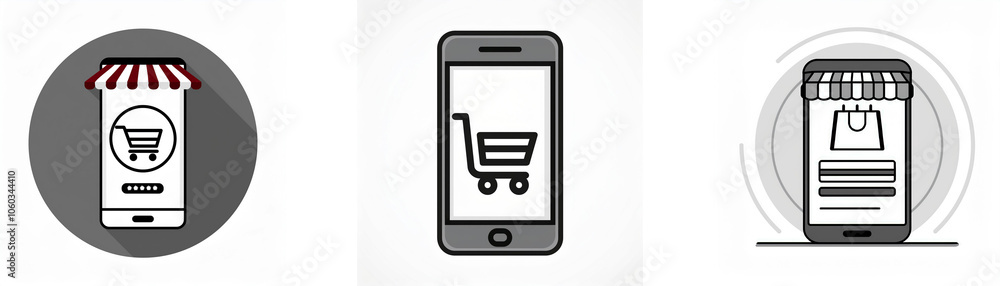 Poster three smartphone icons with online shopping and cart symbols.