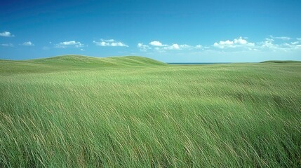 A field of tall grass sways gently in the wind beneath a clear blue sky