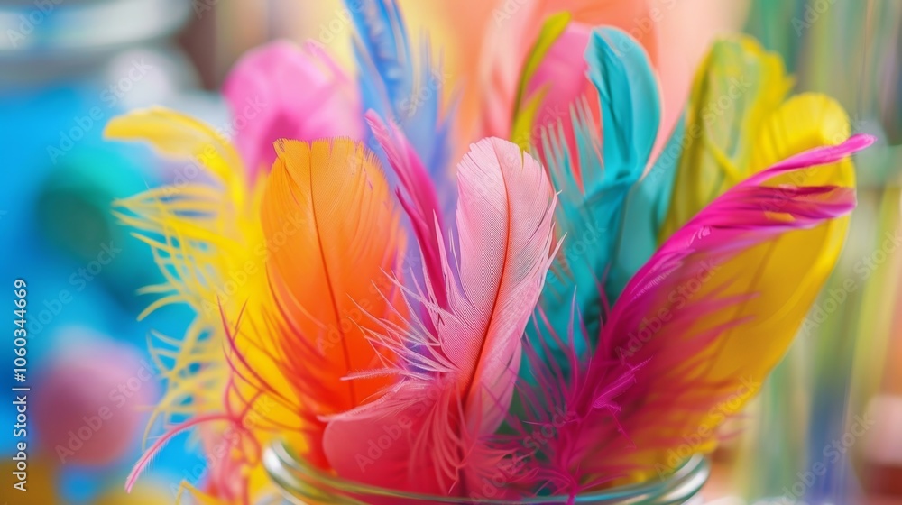 Poster brightly colored feathers are displayed in a glass jar, creating a vibrant and cheerful atmosphere w