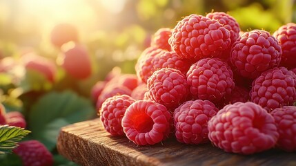 Fresh ripe raspberries on a wooden surface in a garden setting with a shallow depth of field and sunlight shining from behind.