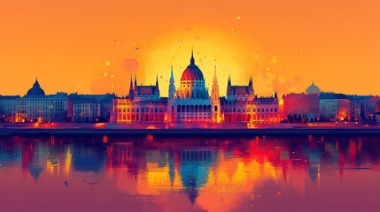 Obraz premium Budapest, Hungary, Pop Art style theme print. Cityscape, city skyline.Vibrant, bright, modern, trendy, graphic designed for poster, card, wallpaper