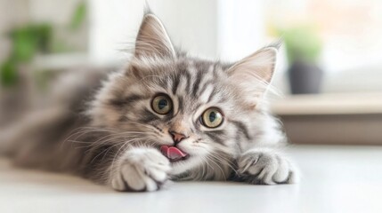 Funny large longhair gray kitten with beautiful big green eyes lying on white table. Lovely fluffy cat licking lips. Free space for text