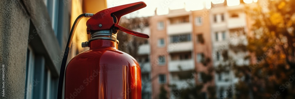 Poster a vivid fire extinguisher stands in the foreground, showcasing its importance beside a building as t
