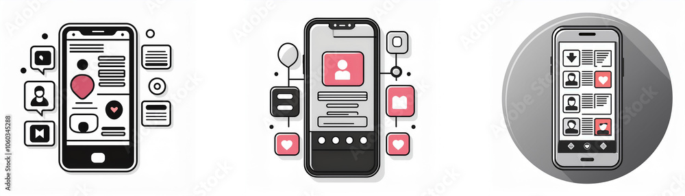 Poster three stylized smartphone icons with various app interfaces.