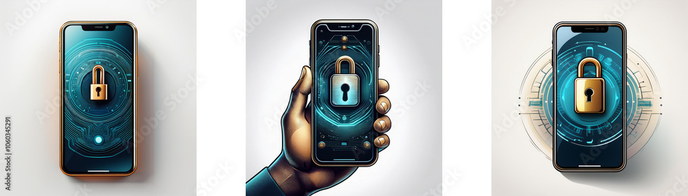 Poster three images of smartphones with a padlock symbol on the screen. the padlock is gold and closed.