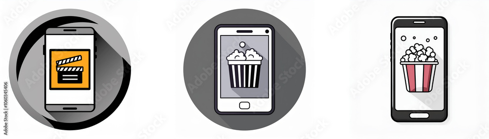 Aufkleber three smartphone app icons with shadows. the icons depict a clapperboard, a popcorn bucket, and a po