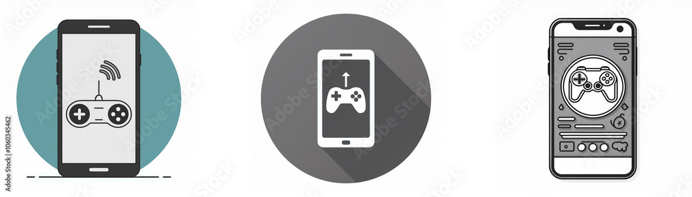 Aufkleber Three different depictions of a smartphone, each showing a video game controller on the screen, with two featuring the icon in a circle.
