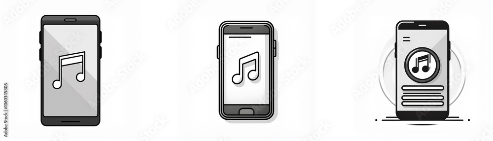 Poster three depictions of a smartphone with a music note icon displayed on the screen.