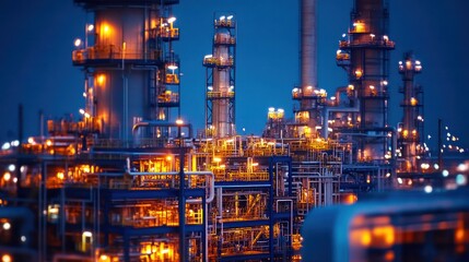 Bright lights illuminating a refinery at night, showcasing efficient fuel processing operations
