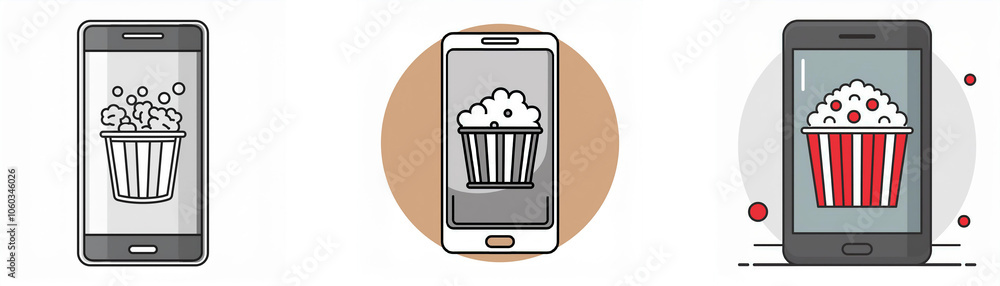 Poster three different illustrations of smartphones displaying a popcorn bucket.