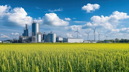 Biofuel processing plant with wind turbines in the background, integrating renewable energy
