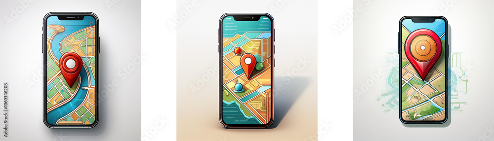 Poster three smartphones with maps and location pins on their screens.