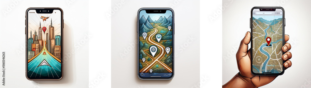 Fototapete three smartphones with different map apps are shown, each with a different background and pin locati