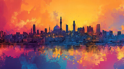 Naklejka premium Cairo, Egypt, Pop Art style theme print. Cityscape, city skyline.Vibrant, bright, modern, trendy, graphic designed for poster, card, wallpaper