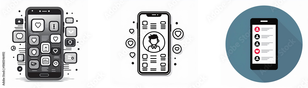 Aufkleber three illustrations of a smartphone with different types of app interfaces