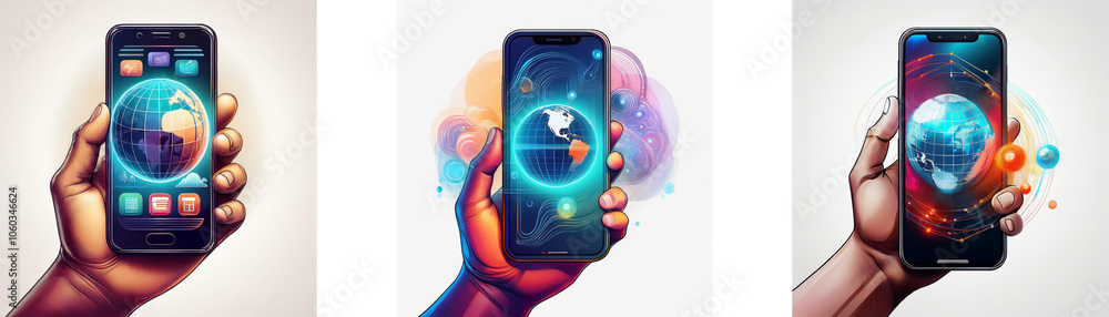 Poster Three hands holding smartphones, each displaying a different digital image of Earth.
