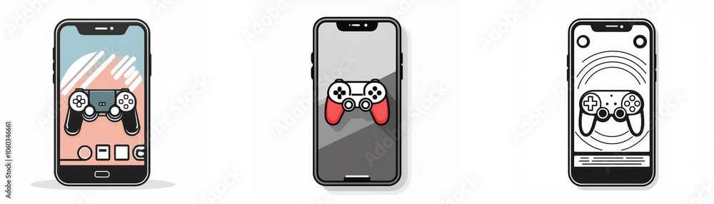 Poster Three black smartphones with different backgrounds are shown. The middle phone has a gray background with a red and white controller. The phone on the left has a peach background with a black controll