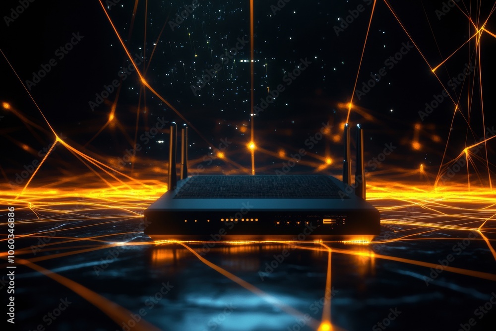 Poster a network router sits at the center with network cables, illuminated by glowing abstract lines, crea