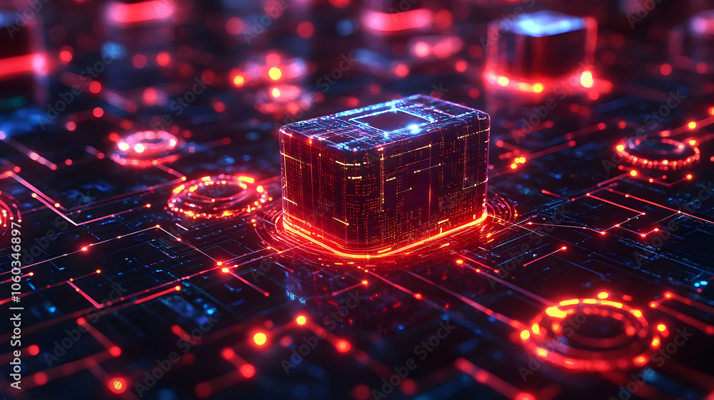 Poster 3d render of glowing circuit board with cube