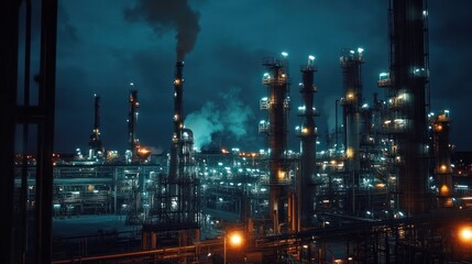 Fototapeta premium A refinery illuminated at night, with bright lights highlighting the complex and efficient fuel processing system