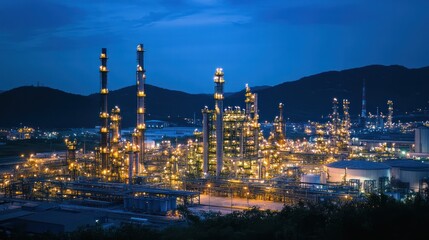 Obraz premium A refinery illuminated at night, with bright lights highlighting the complex and efficient fuel processing system